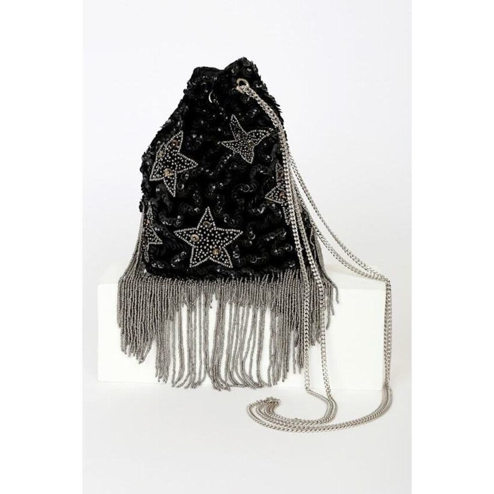 Lulus Super Stellar Black Velvet Beaded Sequin Bucket Bag